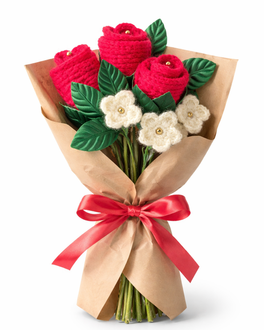 CROCHET WHITE AND PINK ROSES BOUQUET